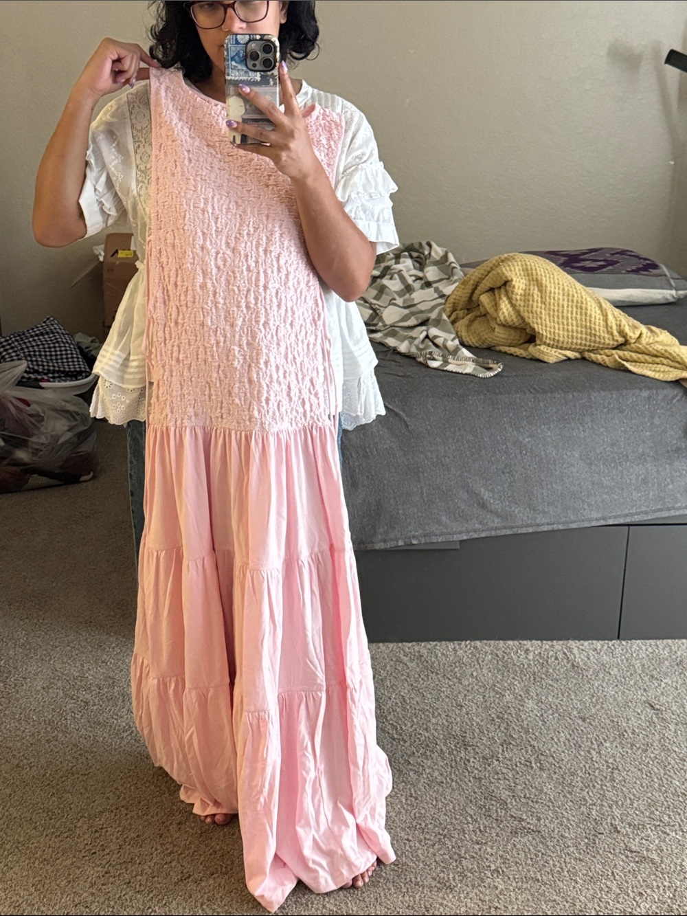 Free People Pink Maxi Tie-Side Smocked Bodice Dress